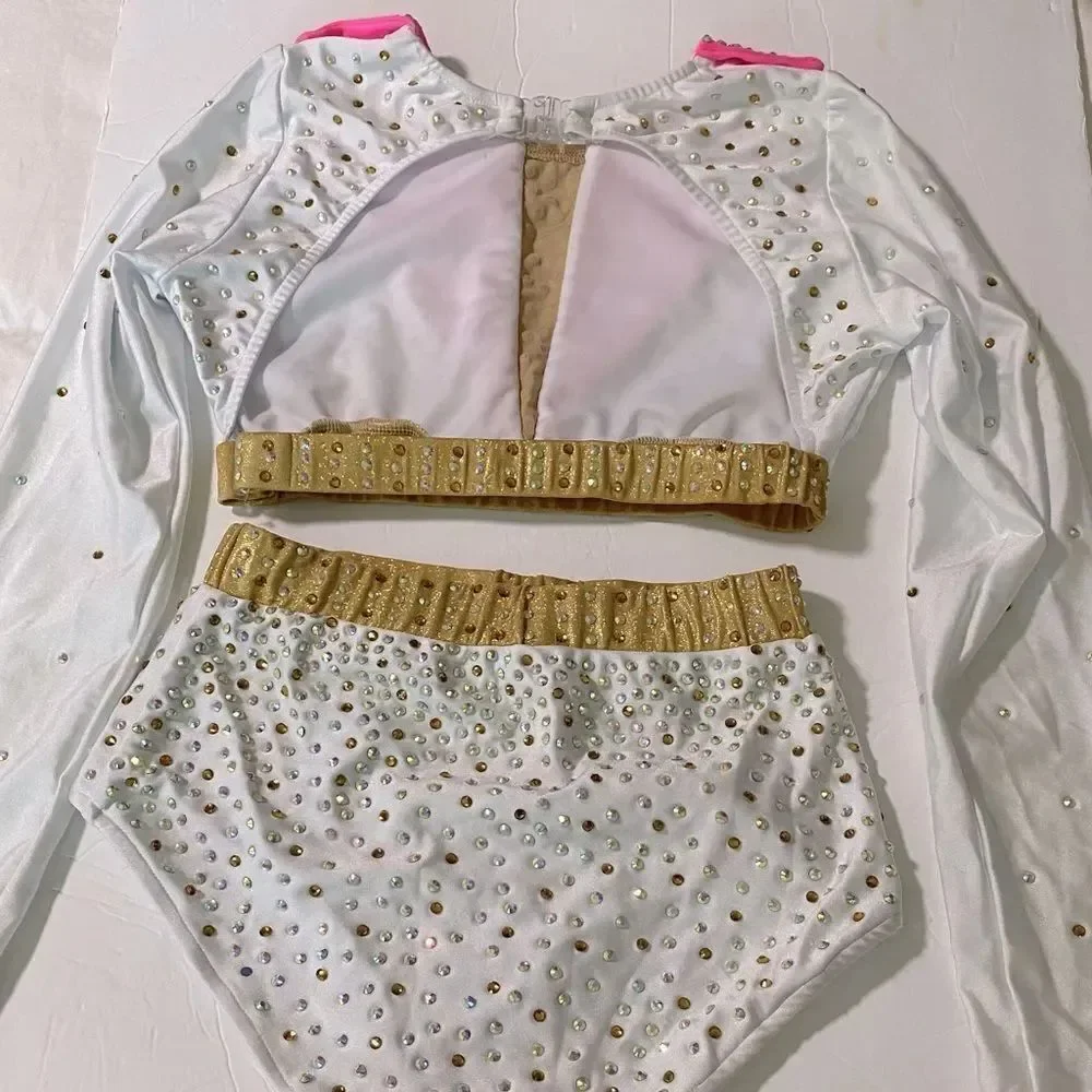 Glamour Solo Dance Costume Elvis 2 Piece White Pink Rhinestoned SA Adult Jazz